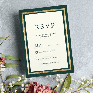 Minimalist ivory gold forest green glam RSVP Invitation