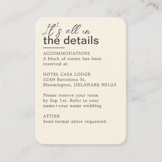 Minimalist Ivory Wedding Details  Enclosure Card (Front)