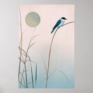 Minimalist Japandi Bird and Bamboo Artwork Poster