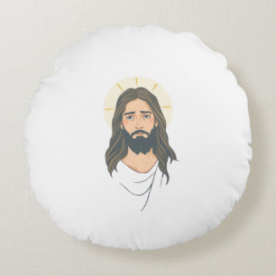Minimalist Jesus with Blue Eyes – Pastel Christian Round Cushion