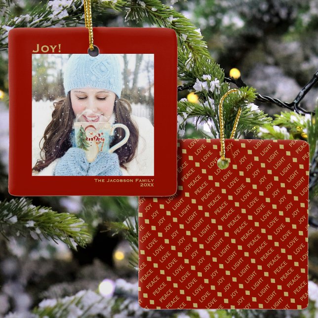 Minimalist Joy Simple Christmas Holiday Photo Red Ceramic Ornament (In Situ Front/Back)