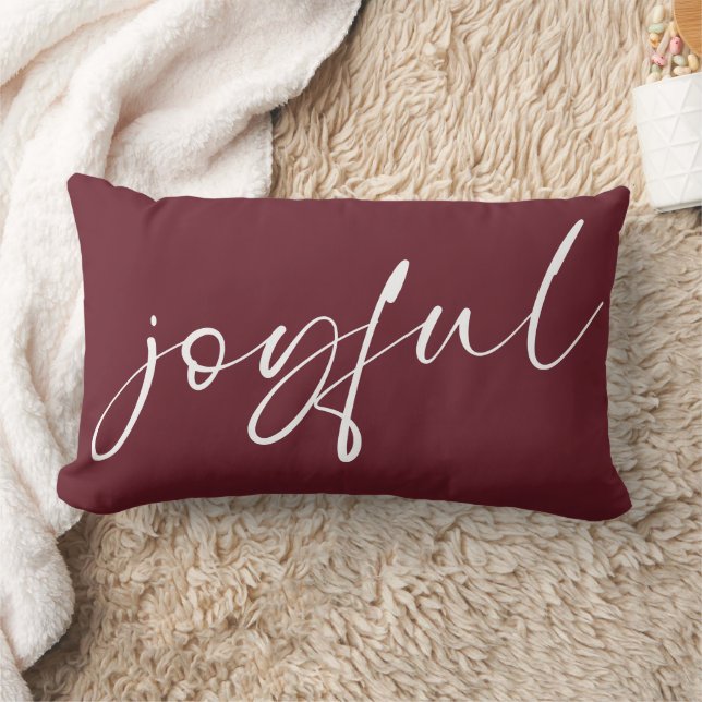 Minimalist Joyful Modern Calligraphy Burgundy Lumbar Cushion (Blanket)