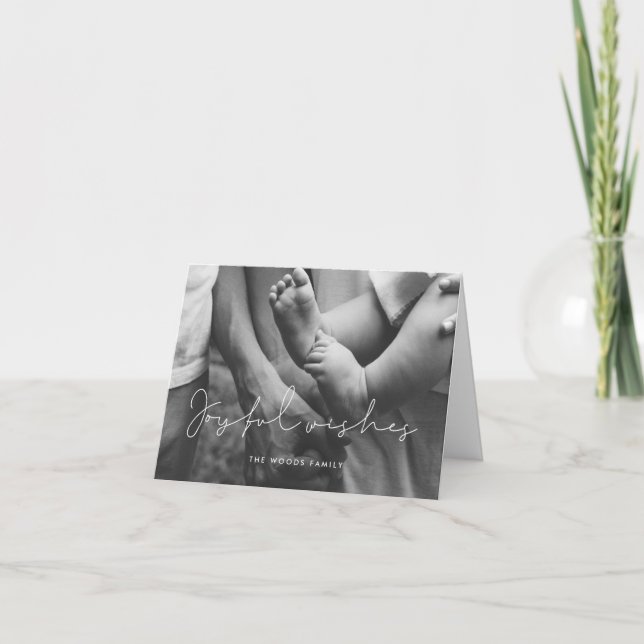 Minimalist Joyful Wishes Overlay Photo Holiday Card (Front)