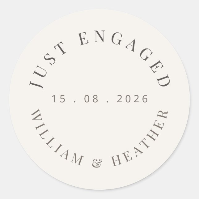 Minimalist ‘Just Engaged’ Sticker | Warm White (Front)