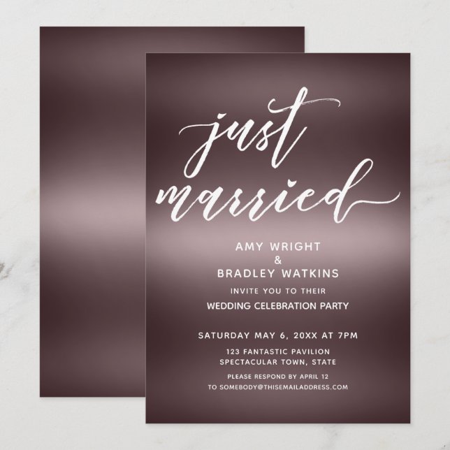 Minimalist Just Married Handwriting Over Rose Gold Invitation (Front/Back)