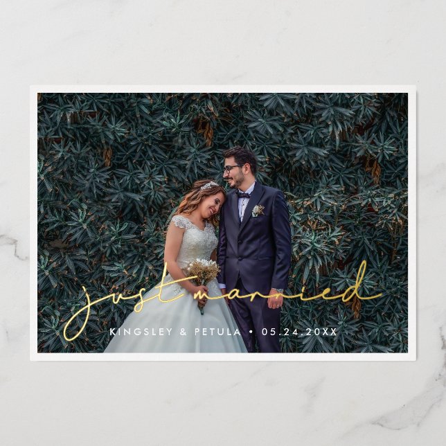 Minimalist Just Married Photo Foil Announcement (Front)