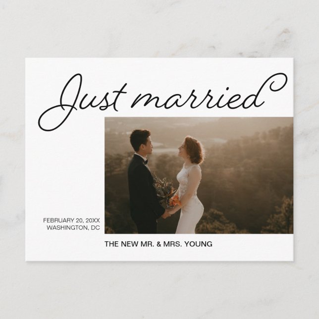 Minimalist Just Married Wedding Announcement Photo Postcard (Front)