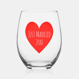 Minimalist Just Married Year Chic Bright Red Heart Stemless Wine Glass