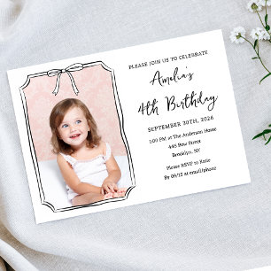 Minimalist Kids Birthday Bow Photo Black & White  Invitation