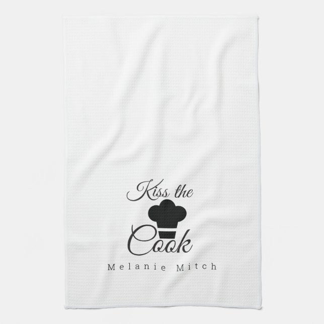 Minimalist Kiss the Cook Chef Hat Logo Tea Towel (Vertical)