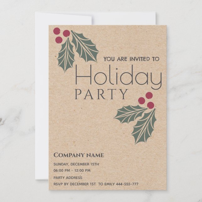 Minimalist kraft holy berry corporate Holiday  Invitation (Front)