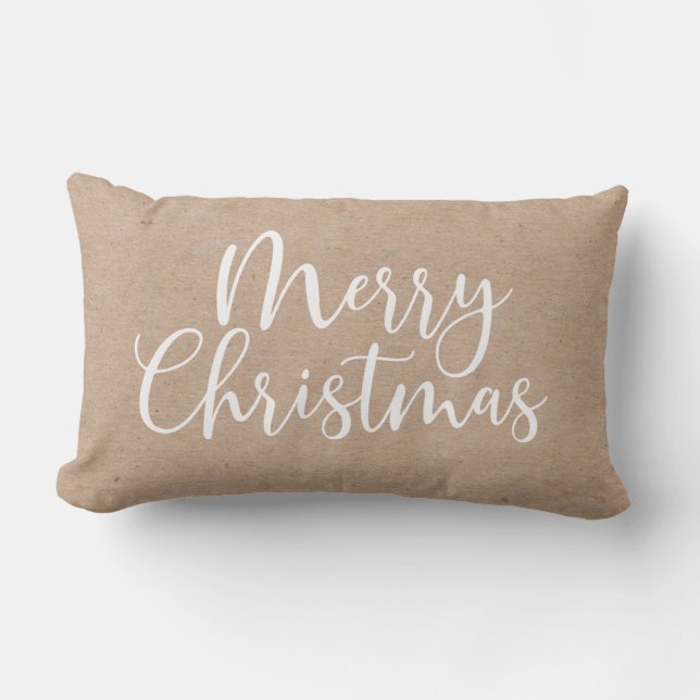Minimalist Kraft Merry Christmas Script Lumbar Cushion (Front)