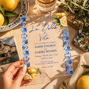 Minimalist La Dolce Vita Italian Lemon Wedding  Acrylic Invitations