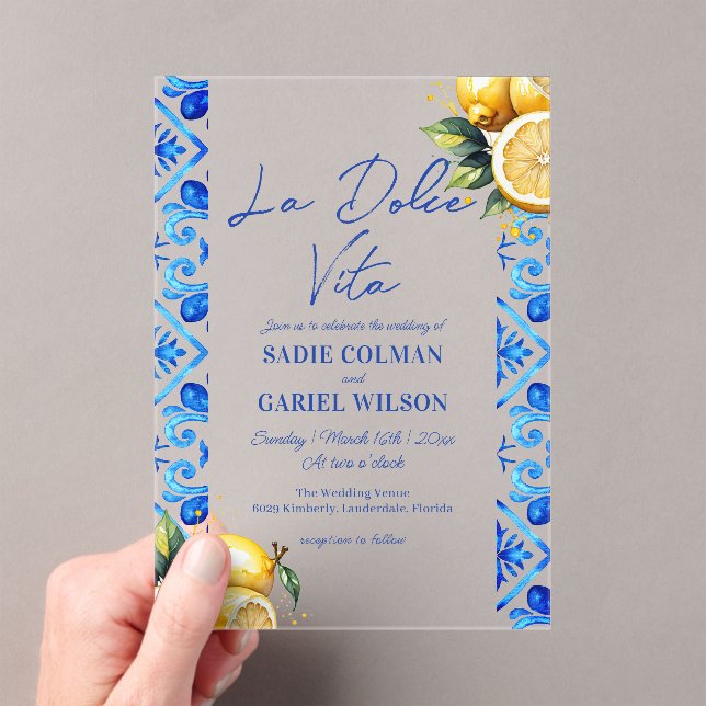 Minimalist La Dolce Vita Italian Lemon Wedding  Acrylic Invitations (Insitu (Handheld))