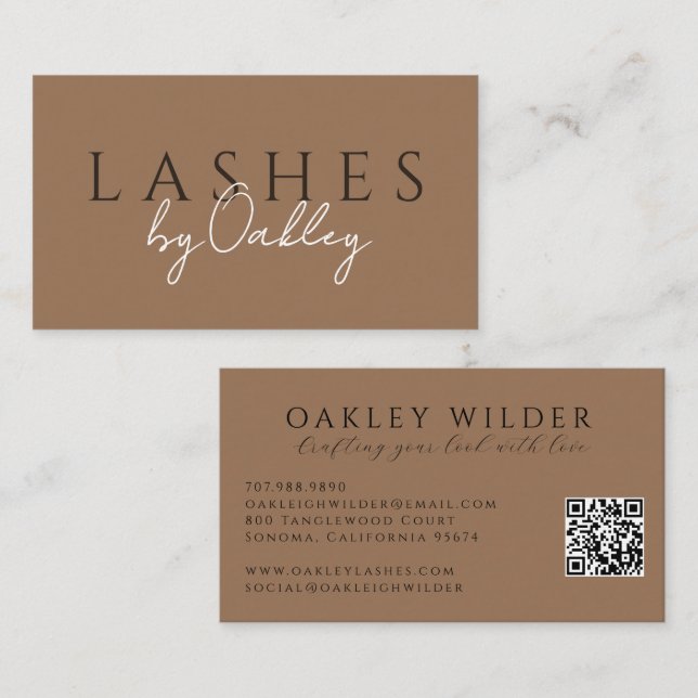 Minimalist Lash Technician QR Code Brown Business Card (Front/Back)