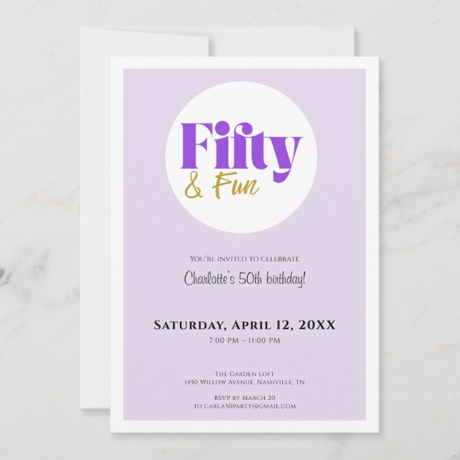 Minimalist Lavender and Gold 50th Birthday  Invitation (Front)