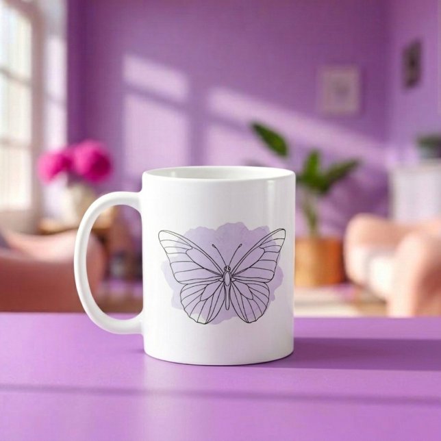 Minimalist Lavender Butterfly Watercolor Mug (Aesthetic line art butterfly, purple watercolor coffee mug)