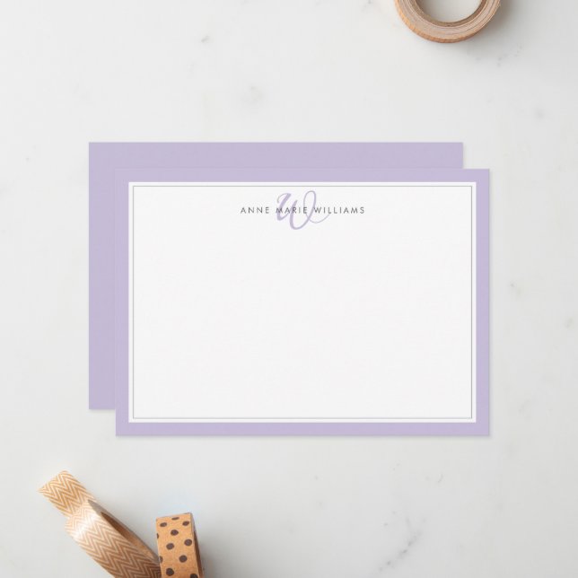 Minimalist Lavender Two Border Monogram Note Card (Front/Back In Situ)