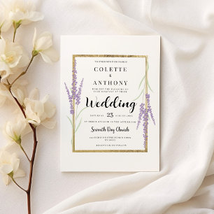 Minimalist lavender white gold floral Wedding Invitation