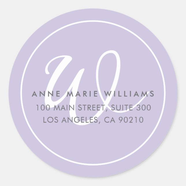 Minimalist Lavender White Script Border Monogram Classic Round Sticker (Front)