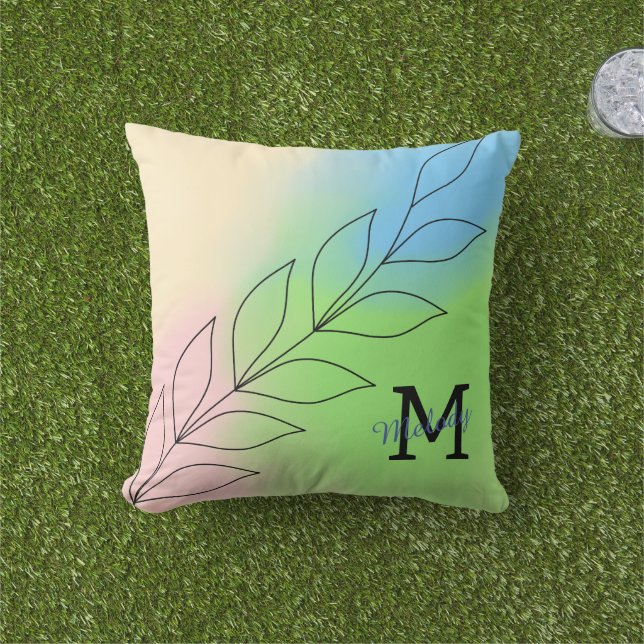 Minimalist Leaf Line Art with Pastel Gradient Cushion (Grass)