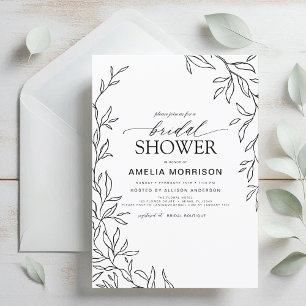 Minimalist Leaf Modern Black & White Bridal Shower Invitation