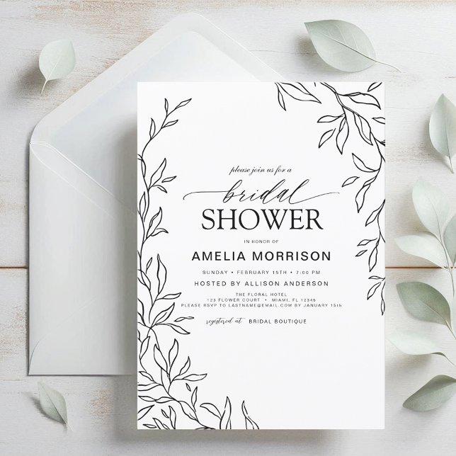Minimalist Leaf Modern Black & White Bridal Shower Invitation (Creator Uploaded)