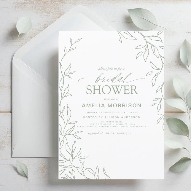 Minimalist Leaf Modern Sage Green Bridal Shower Invitation (Creator Uploaded)