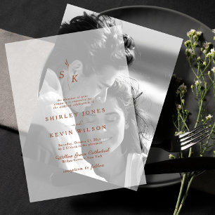 Minimalist Leaf Monogram Terracotta Modern Wedding Vellum Invitations