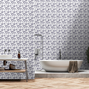 Minimalist Leaf Pattern Navy Blue White Wallpaper