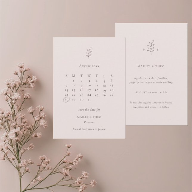 Minimalist Leaf Pink Black Calendar Save The Date (Creator Uploaded)