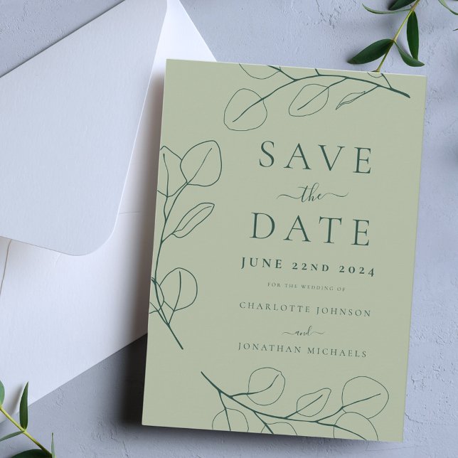 Minimalist Leaf Stylish Green Wedding Save The Date (Minimalist eucalyptus leaf green wedding save the date invitation with stylish dark green typography)