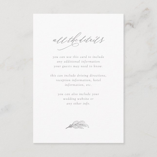 Minimalist Leaf | White and Grey Guest Details Enclosure Card (Front)
