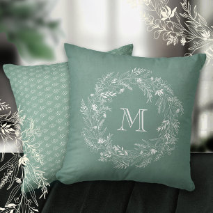 Minimalist leafy botanical circle letter M Cushion