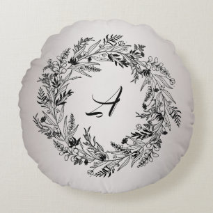 Minimalist Leafy Wreath Monogram botanical Round Cushion