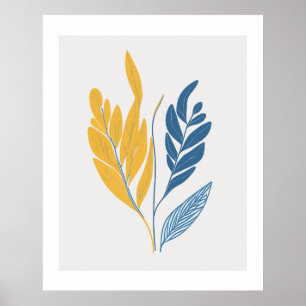 Minimalist Leaves Illustration in blue & yellow Poster