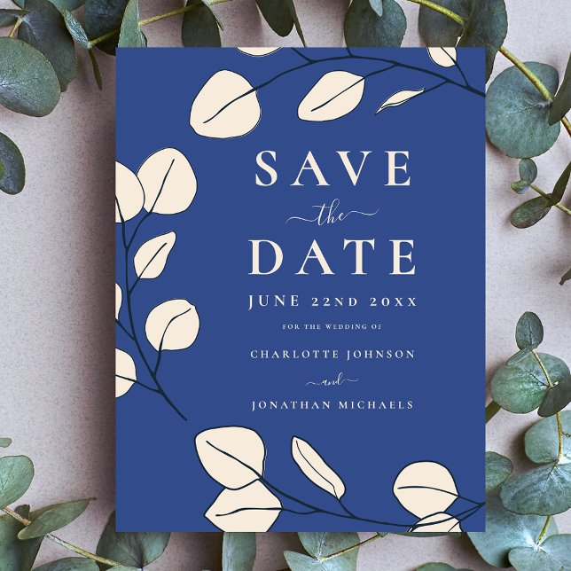Minimalist Leaves Modern Stylish Blue Wedding Invitation Postcard (Minimalist eucalyptus leaves modern stylish blue wedding save the date postcard invitation)