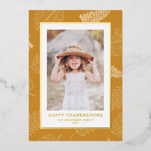 Minimalist Leaves Pattern Happy Thanksgiving Photo Foil Holiday Card
