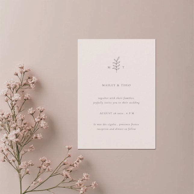 Minimalist Leaves Pink Black Wedding Invitation (Creator Uploaded)