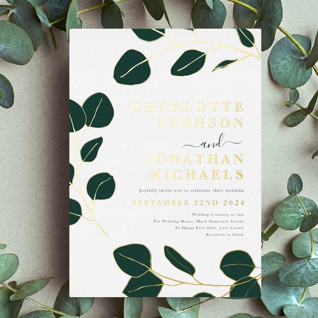 Minimalist Leaves Stylish Dark Green and Gold (Minimalist eucalyptus leaves modern stylish dark emerald green and gold foil wedding invitation)