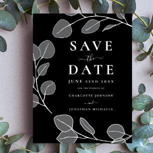 Minimalist Leaves Stylish Grey Black Wedding Save The Date