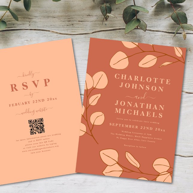Minimalist Leaves Terracotta Fall Wedding  Invitation (Modern minimalist leaves peach fuzz wedding invitation with online rsvp qr code)