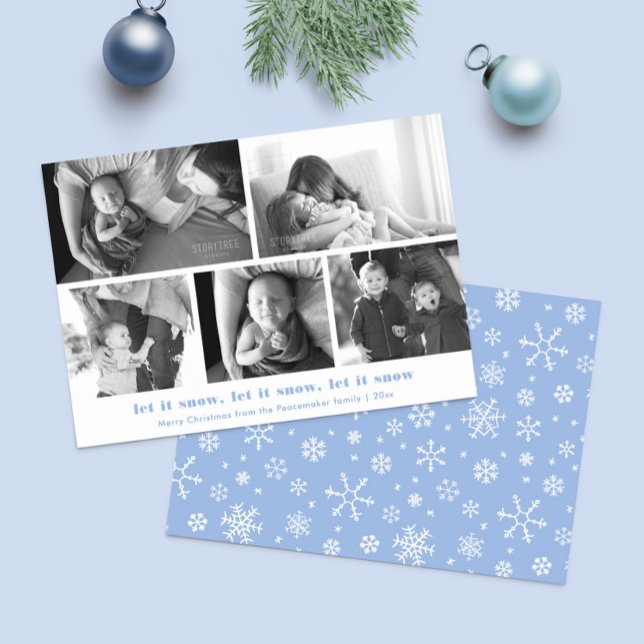 Minimalist Let It Snow Multi Photo Merry Christmas Holiday Card (Simple Let It Snow photo collage Christmas card with blue and white snowflake print backer)