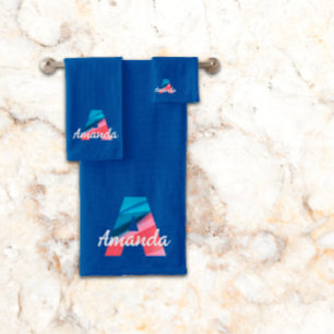Minimalist letter A coral pink monogram dark blue Bath Towel Set