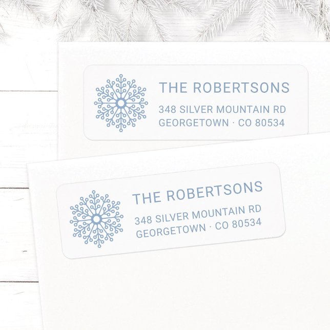 Minimalist Light Blue Snowflake Return Address Label (Modern, elegant Snowflake Christmas return address labels in light blue with family name.)