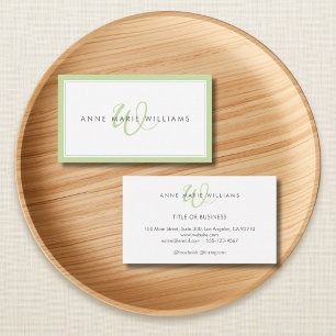 Minimalist Light Green Script Two Border Monogram Business Card