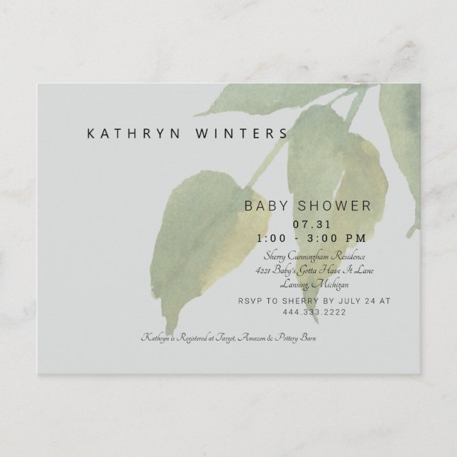 Minimalist Light Grey Foliage Baby Shower Announcement Postcard (Front)