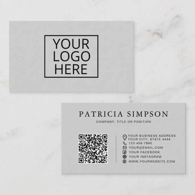 Minimalist Light Grey Logo QR Code Professional Business Card (Front/Back)