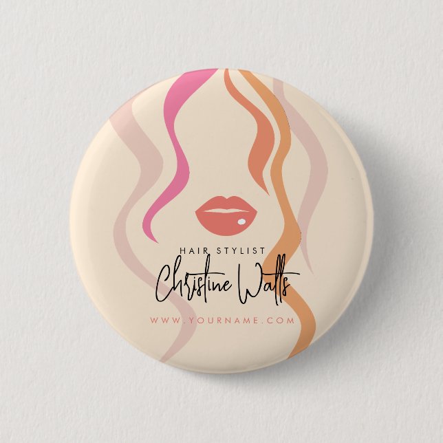 Minimalist Light Peach Hair Stylist Wavy Hair Cute 6 Cm Round Badge (Front)