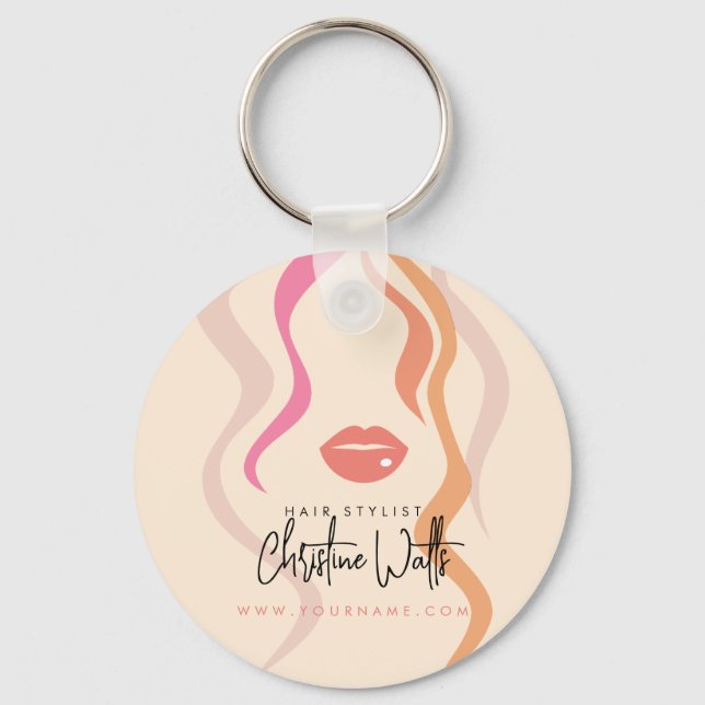 Minimalist Light Peach Hair Stylist Wavy Hair Cute Key Ring (Front)